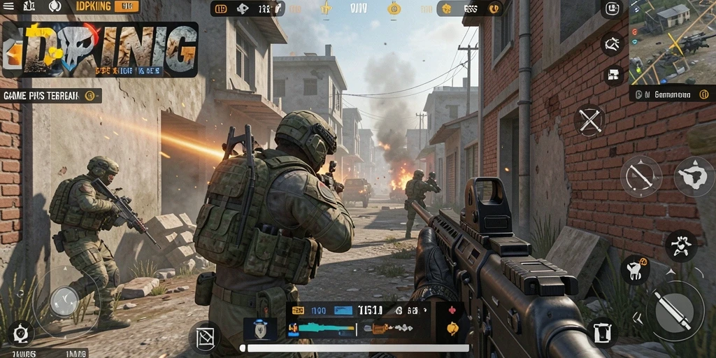 Screenshot utama gameplay IDPKING menampilkan aksi pertempuran yang intens di lingkungan yang realistis.