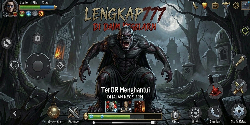 Tampilan gameplay LENGKAP777 menampilkan suasana mencekam dan kegelapan.