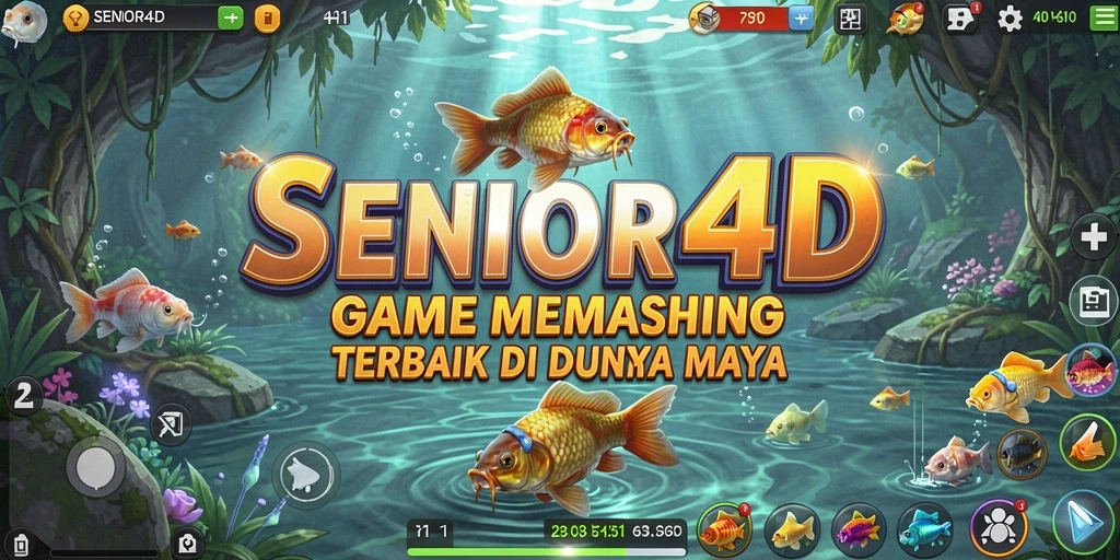 Tampilan utama gameplay SENIOR4D dengan berbagai ikan dan pemandangan alam yang menakjubkan.
